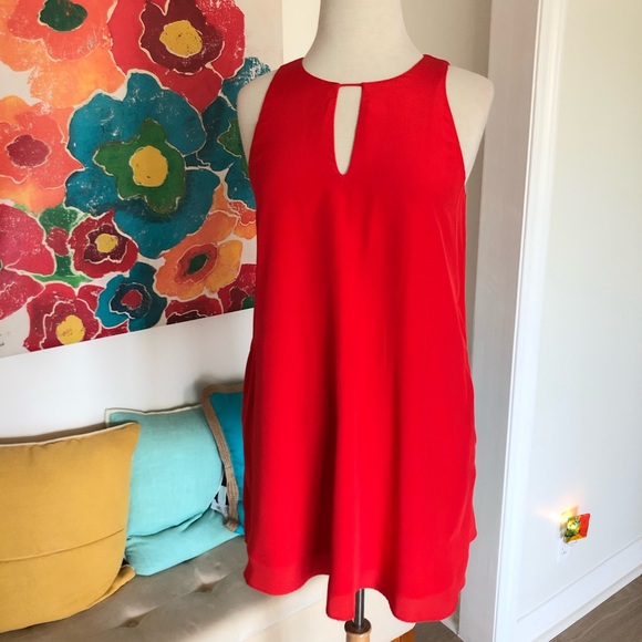 red silk shift dress